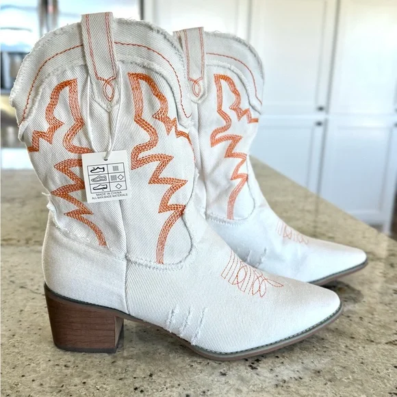 White Denim Western Heeled Boots with Orange Embroidery - Picture 3 of 12
